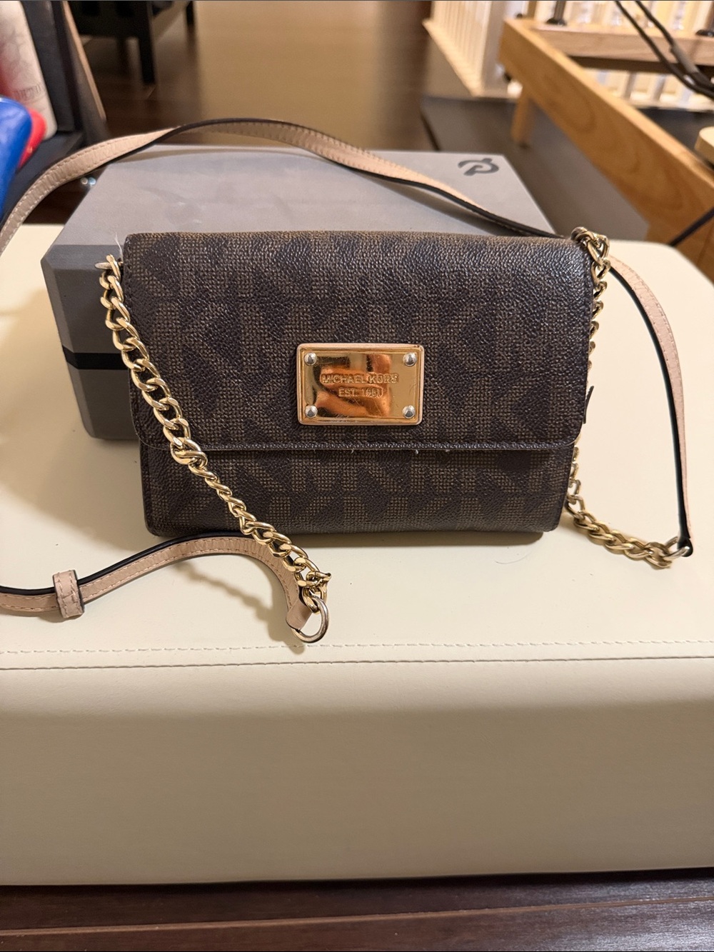 Michael Kors Dark Brown MK Logo Chain Crossbody with Gold Plate